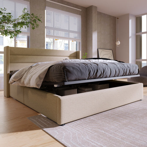 Linen Bed With Metal Frame Panels