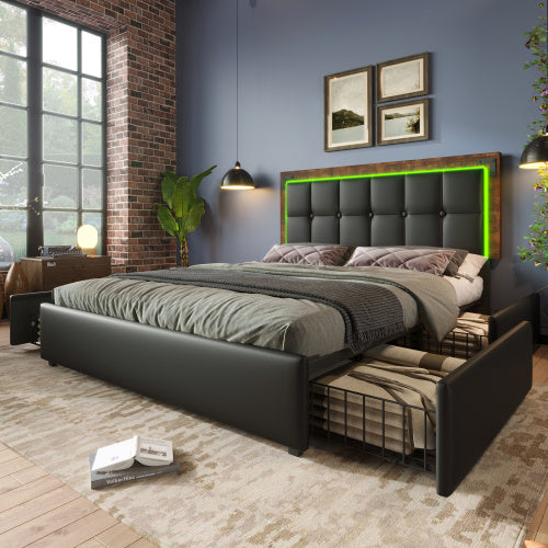 Doppelbett mit LED-Beleuchtung & 4 Schubladen