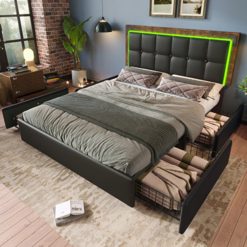 Doppelbett mit LED-Beleuchtung & 4 Schubladen